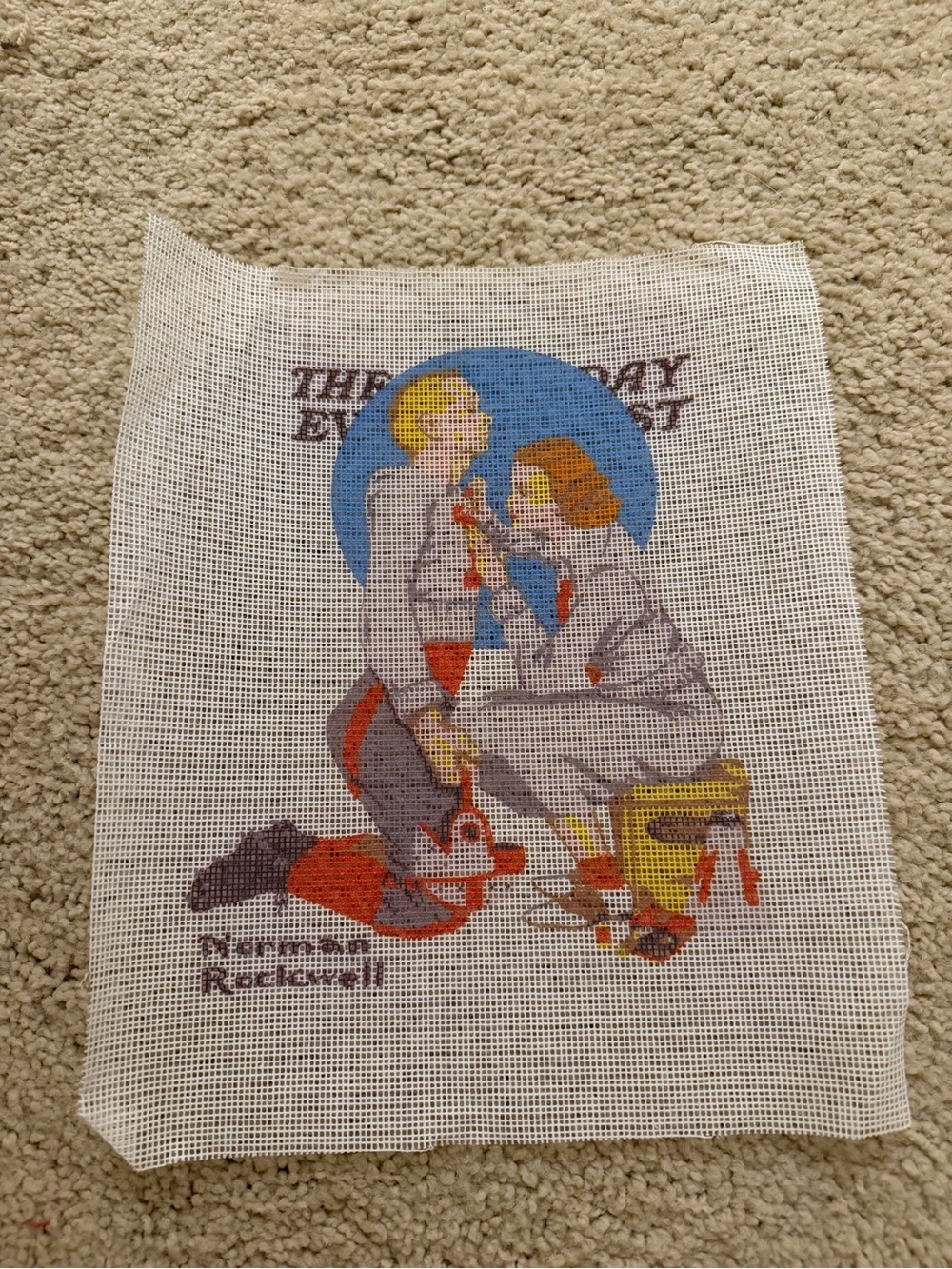 Hand-Embroidered Home Accent Canvas in Cream, Blue, Red